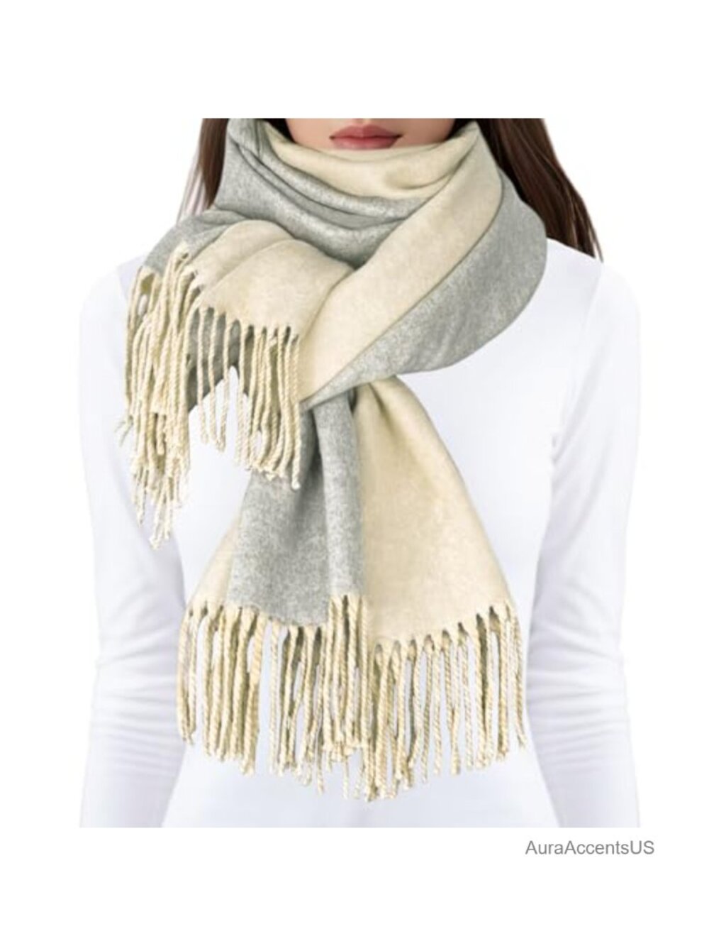 Wool Blend Reversible Pashmina Scarf Shawl with Tassels